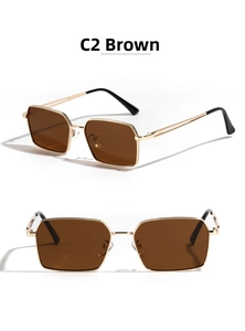 Detail view of tea brown rectangular sunglasses with premium gold metal frames