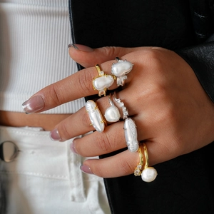 Baroque pearl double layer open ring with zircon in gold and silver plating