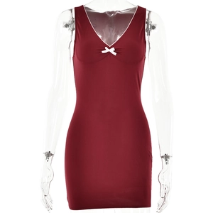 Slim fit red sleeveless V-neck dress featuring a white bow detail for summer style