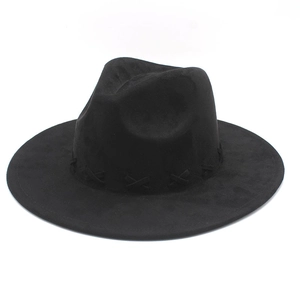 Classic black suede wool fedora with wide brim and decorative cross-stitch band