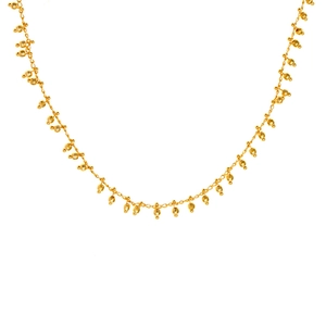 18k gold plated copper necklace featuring delicate round beads and elegant tassel balls