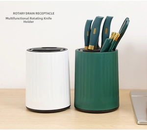 Close-up of rotating kitchen knife holder in green and white with drainage base