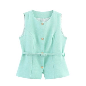 Gilet En Tweed Vert Menthe Élégant Avec Boutons Dorés Et Ceinture Débardeur Ajusté Pour Le Bureau