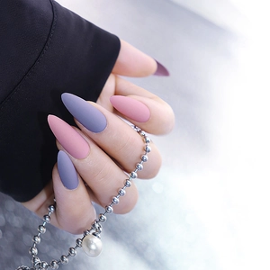 Matte Almond Press On Nails Long Contrasting Purple Pink Full Cover Fake Nails With Glue For Women