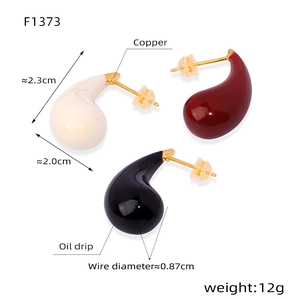 Macro shot of colorful oil-drip teardrop earrings with dimensions and material specs