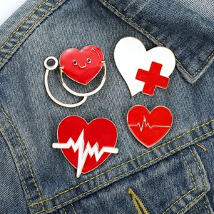 Creative medical enamel brooch set with stethoscope and heartbeat icons on denim