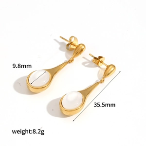 Gold-plated stainless steel earrings with white cat-eye stone, size 35.5x9.8mm