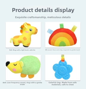 Detail of plush baby toy set with giraffe, rainbow, and silicone teether attachments