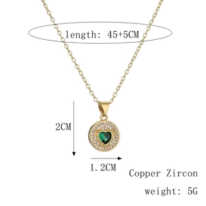 Detailed size specifications for a gold heart necklace with green zircon inlay and copper base