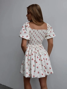 Square neck puff sleeve short dress with cherry print and smocked bodice for women