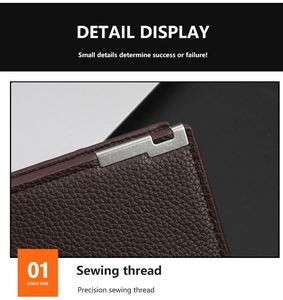 Macro view of precise stitching and lychee grain texture on dark brown leather wallet