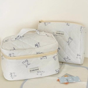 Quilted cotton bunny print makeup bag set with a vanity case and a zipper pouch