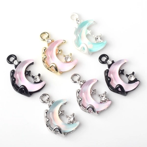 Alloy moon pendants with resin and rhinestones for DIY jewelry making in various colors