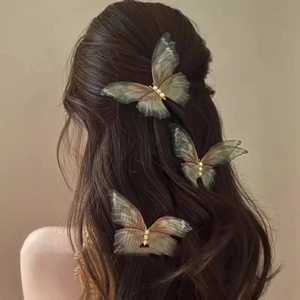 Ethereal Butterfly Hair Clips Mesh Gauze Gradient Faux Artificial Pearl Elegant Side Clips Hairpin For Women Girl Forest Style