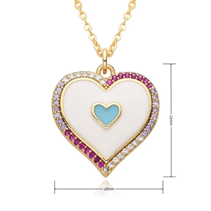 Detail shot of heart pendant necklace with dimensions 22mm by 20mm and colorful crystals