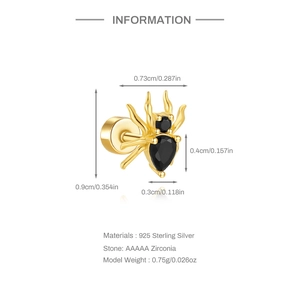 Detailed spec sheet for golden S925 silver spider stud earring with black zircon stones