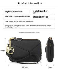 Specifiche dettagliate delle dimensioni del portamonete in pelle con zip dorata
