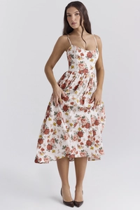 Detail shot of delicate floral print and fine spaghetti straps on a vintage summer dress