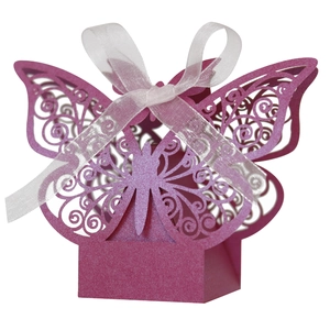 Glittery magenta laser-cut butterfly favor box with elegant white organza ribbon