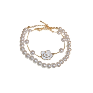 Double-layer gold-plated pearl bracelet set with elegant white camellia flower pendant