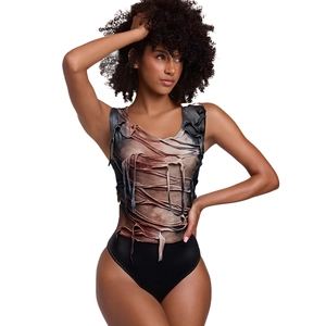 Women's sleeveless distressed bodysuit with vintage print and u-neck slim fit design