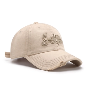 Beigefarbene Vintage-Baumwoll-Baseballkappe mit 3D-Stickerei und abgenutzter Krempe