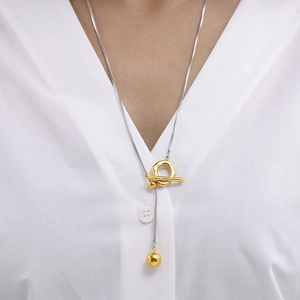 Chic silver snake chain sweater necklace with golden OT buckle and ball pendant