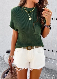 Dark green short sleeve knit top paired with white frayed denim shorts and woven belt