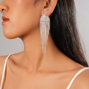 Detailed view of silver tassel earrings with geometric rhinestones worn by a model