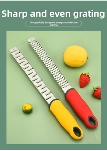 Close-up of stainless steel cheese grater set with non-slip red and yellow handles