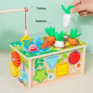 Multifunctional wooden baby sensory tissue box with magnetic fishing and carrot harvest game