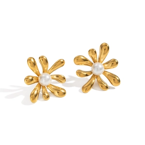 Elegant gold flower stud earrings with white pearl center for a vintage floral jewelry look