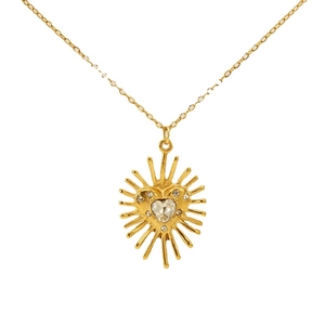 Collier en acier inoxydable doré avec pendentif cœur soleil et zircons brillants