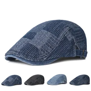 Béret rétro en denim pour hommes et femmes avec design patchwork et boucle réglable
