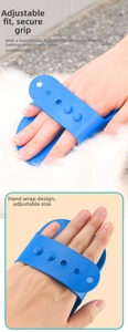 Detail of adjustable silicone pet brush strap showing flexibility and secure hand grip design