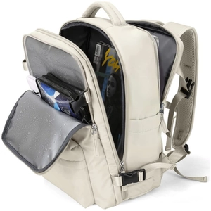 Waterproof cream travel backpack with USB charging port and multiple storage compartments