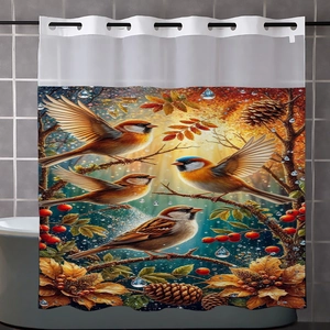 Detail of bird and berry print on waffle weave shower curtain with metal grommets