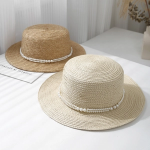 Flat top straw hat with pearl band in natural and beige for women beach vacation