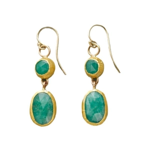Pendientes largos retro de oro texturizado con dos piedras verdes facetadas sobre fondo blanco