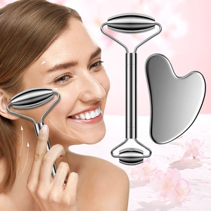 Facial Roller And Gua Sha Set Stainless Steel Dual Head Face Massager Heart Shaped Scraper Skin Lifting Cooling Beauty Tool