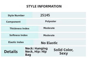 Detailed chart showing polyester fabric parameters and sexy halter neck dress design specs