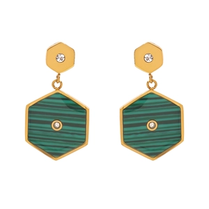 Golden stainless steel hexagonal earrings with green malachite texture and crystals
