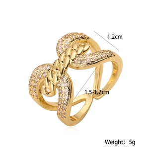 Infinity loop geometric open ring in 18K gold plated copper with sparkling zircon accents