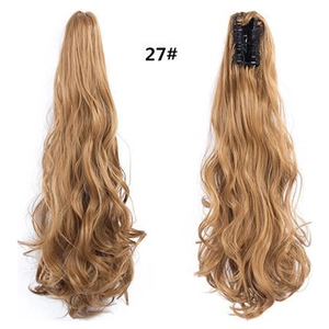 Macro view of model 27# long curly golden ponytail extension with a secure claw clip