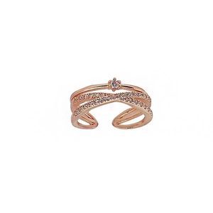 Elegant rose gold double-layer cross ring with zircons and adjustable open design