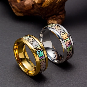 Men's titanium steel dragon ring with colorful Celtic pattern in gold and silver