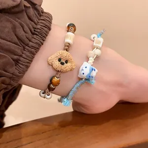 Handmade ceramic cat and dog beaded bracelets with adjustable wax cord for women