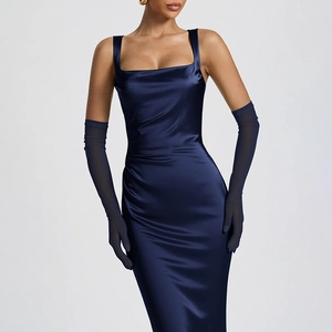 Close-up of deep blue satin dress with corset boning and elegant long gloves