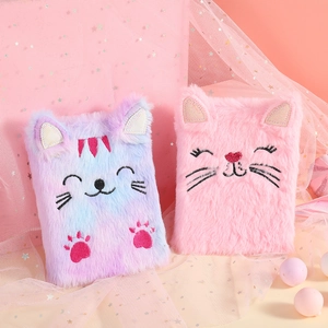 Cute plush cat notebook with soft faux fur and embroidered details for girls' journaling