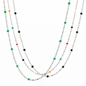 Bohemian rainbow beaded drip oil necklaces in stainless steel on a white background